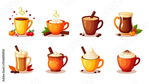 Set of 8 hot coffee mugs with whipped cream, cinnamon and autumn elements in warm tones, ideal for seasonal beverage illustrations.