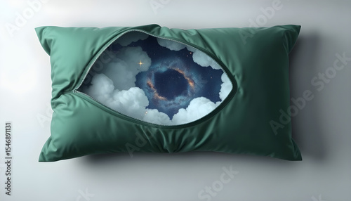 Green pillow with open zipper revealing stars and clouds