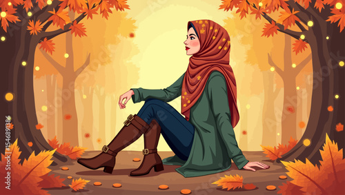 Stylish woman in hijab sitting peacefully in a colorful autumn forest, surrounded by falling leaves and warm seasonal tones.
