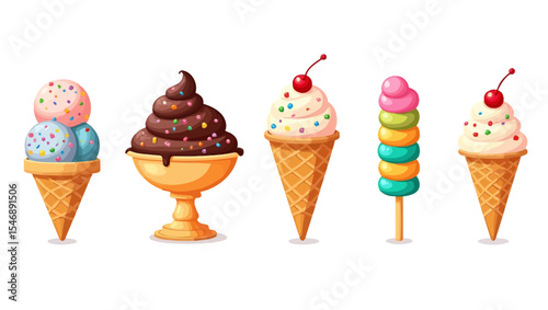 Various cartoon ice cream cones and desserts including scoops, soft serve, chocolate and cherry toppings in a sweet, playful style.