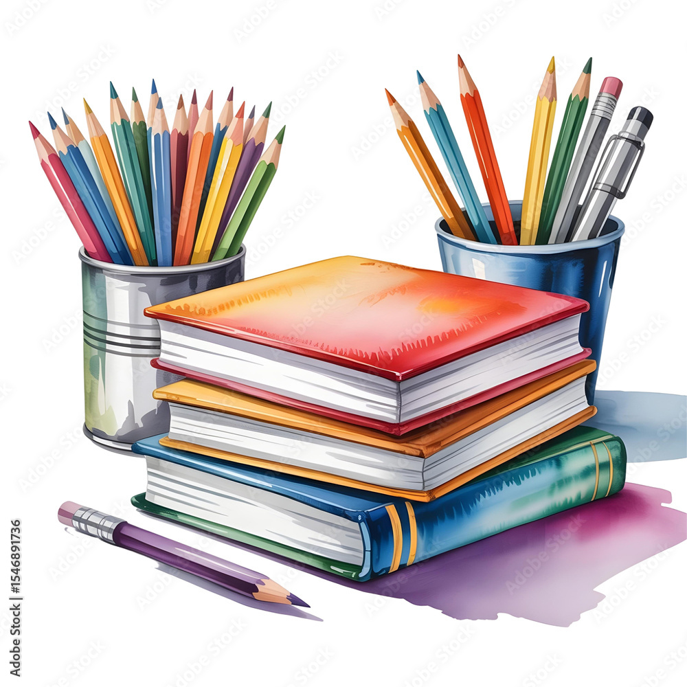 Fototapeta premium Artistic watercolor-style illustration of vibrant and artistic arrangement of school supplies, featuring a stack of colorful hardcover books alongside two metal pencil holders 