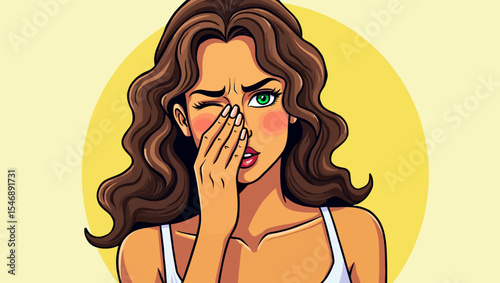 Pop art style woman holding her nose in disgust with a dramatic facial expression, perfect for concepts like bad smell or unpleasant surprise.