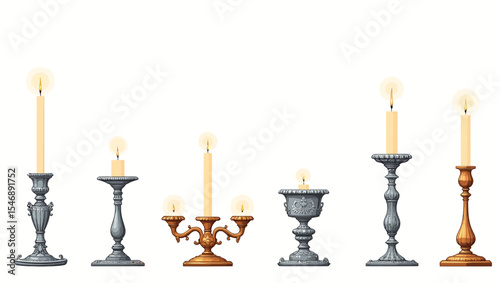 Collection of elegant vintage candle holders with glowing candles, perfect for romantic, classical or antique themed illustrations and designs.