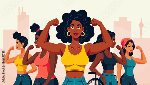 Confident diverse women flexing their muscles in a powerful feminist illustration promoting strength, unity, and empowerment.