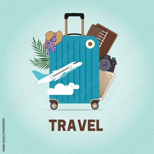 Travel suitcase filled with vacation items and airplane graphic  