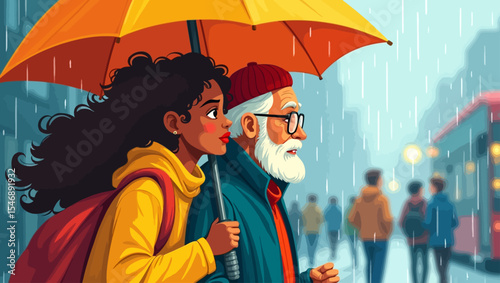 Young woman sharing umbrella with elderly man during rainy day walk in the city, showing kindness and warmth.