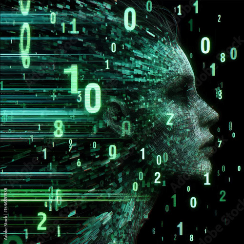 Illustration of a female face emerging from green numbers. The matrix effect. Vector graphics. EPS.