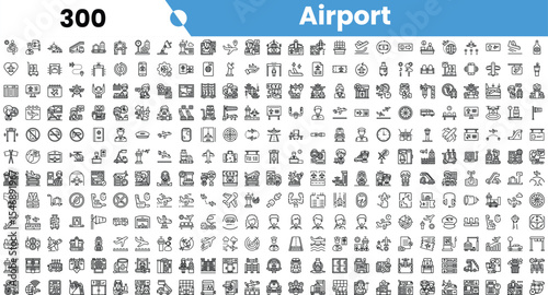 A diverse collection of airport-related icons representing various travel elements and services.