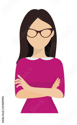 Faceless female character with long hair and glasses, with arms crossed across her chest. She wears collared shirt under an office jumper , symbolizing leadership, confidence, and individuality.