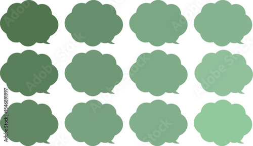 All the bubbles have a distinctive, rounded, cloud-like, or scalloped edge design. This vector image features twelve speech bubbles