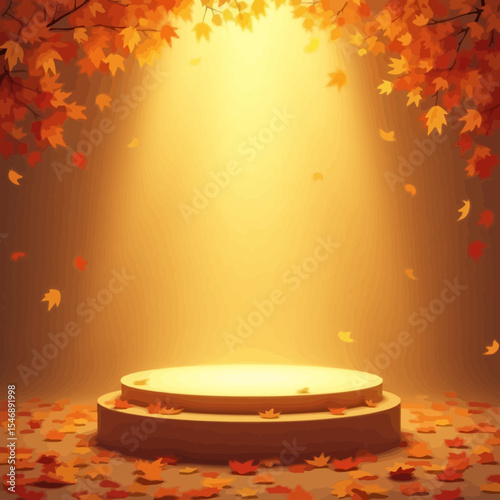 Autumn stage podium with spotlight surrounded by falling leaves and seasonal golden tones in a dreamy soft light.