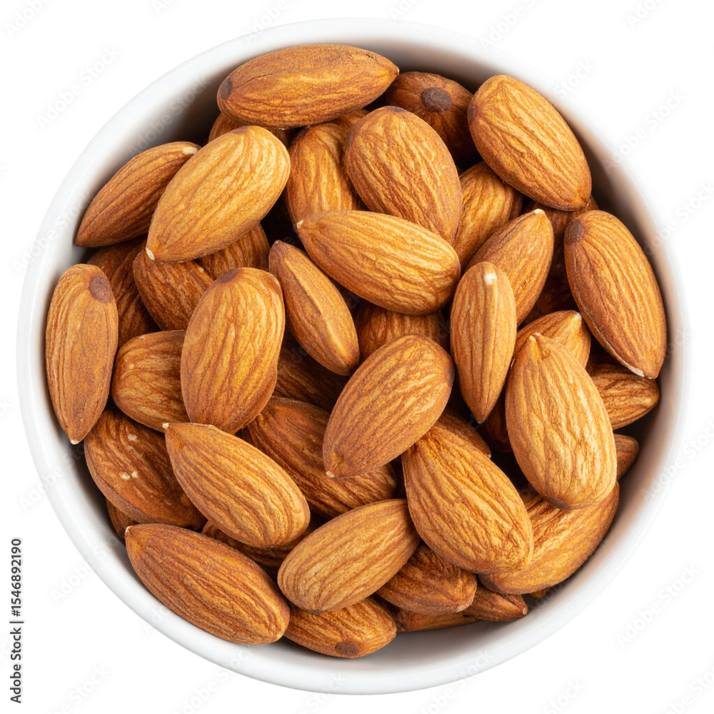 Fototapeta premium Top view of almonds in cup isolated on transparent background, object, cut out