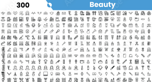 A diverse collection of beauty-related icons showcasing skincare, haircare, and cosmetics elements in a minimalist black and white design.