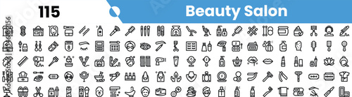 A collection of sleek icons representing various beauty salon elements including hair care, skincare, and makeup tools.