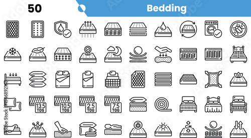 A collection of bedding icons featuring mattresses, pillows, and cleaning symbols, showcasing a variety of bedding-related items in a minimalist style.