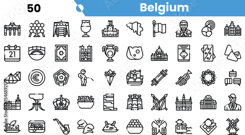 A diverse collection of iconic symbols representing Belgium, including cultural, culinary, and historic elements, depicted in a minimalist style.