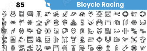 A collection of bicycle racing icons representing various aspects of the sport, featuring symbols like bicycles, checkered flags, and racing gear.
