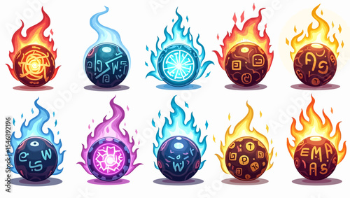 Collection of fire and ice enchanted spheres with glowing runes and alchemy symbols for RPG or fantasy game interfaces.