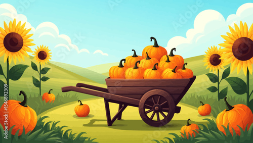  Autumn harvest illustration with wooden cart filled with pumpkins on a sunny day surrounded by blooming sunflowers and hills