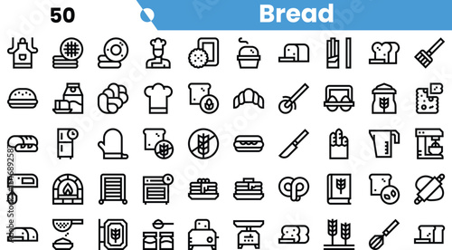 A collection of various bread-related icons in a minimalist style, showcasing a variety of bread types and baking tools.