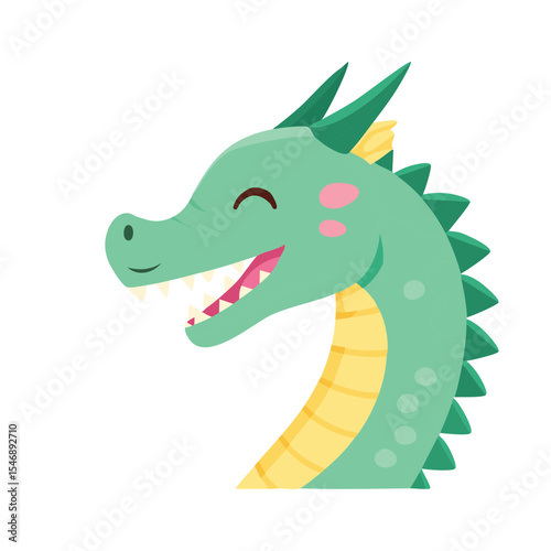 A friendly cartoon dragon smiling cheerfully
