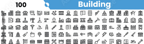 A diverse collection of building icons, showcasing various architectural styles and construction elements in a minimalist black and white design.