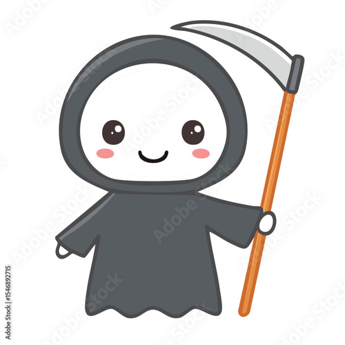A cute grim reaper with a scythe, a cheerful and friendly character. Perfect for Halloween
