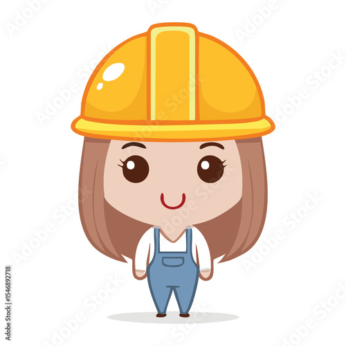 A cheerful construction worker character in a protective helmet
