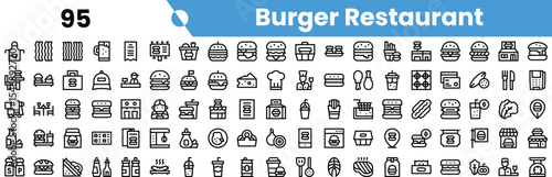 A collection of burger restaurant icons featuring various food items, drinks, and dining symbols in a modern, minimalist style.