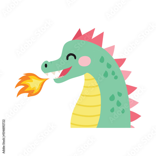 A cartoon dragon breathes fire, exuding playful energy. The dragon has a cheerful expression. The use of bright colors enhances the illustration