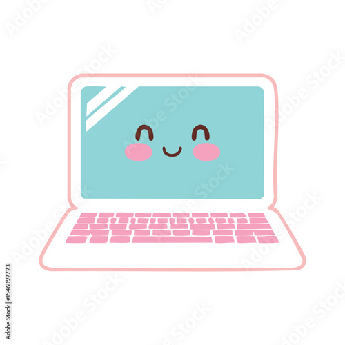 A cheerful cartoon laptop with a smiling face on the screen. The laptop has a pink keyboard and frame