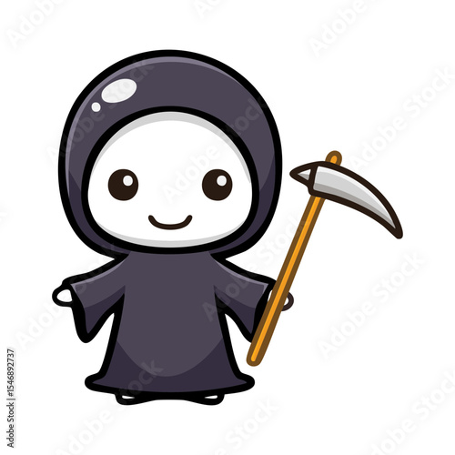 A cute cartoon Grim Reaper holding a scythe, smiling brightly