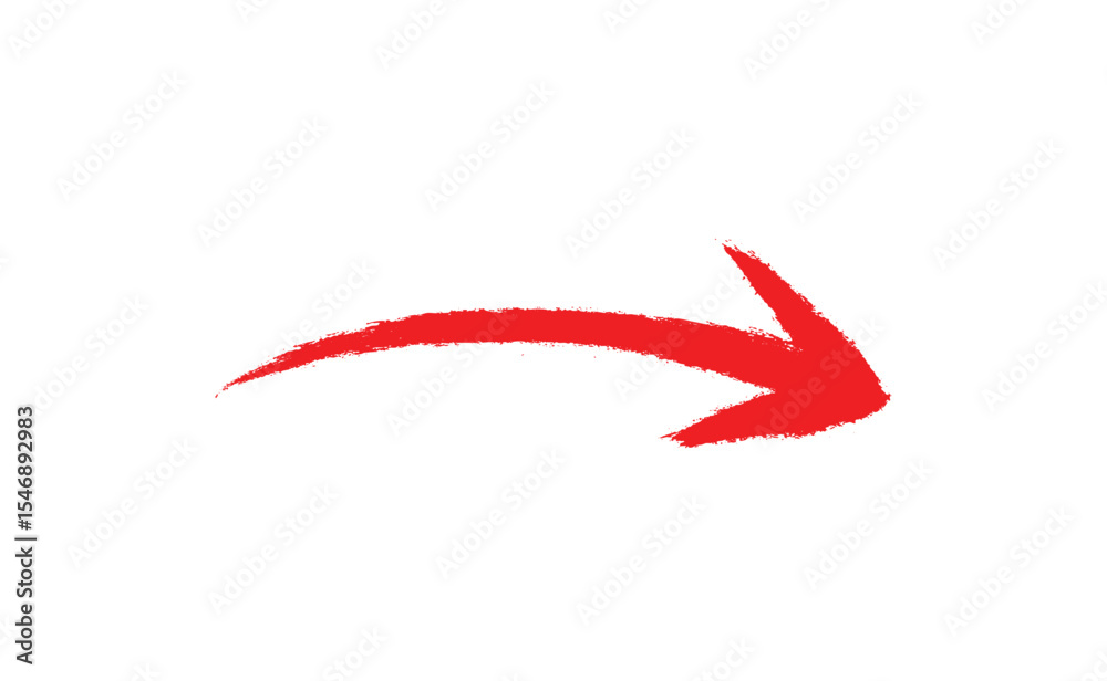 Obraz premium Red Curved Right Arrow Hand-Drawn Paint Brush Stroke on White Background, Directional Marker Arrow Icon.