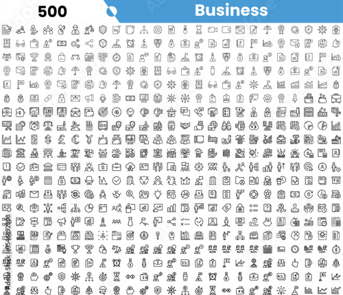 A diverse collection of minimalist black and white icons representing various business concepts, including teamwork, finance, and communication.