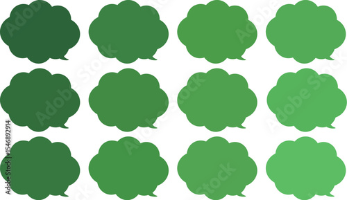 All the bubbles have a distinctive, rounded, cloud-like, or scalloped edge design. This vector image features twelve speech bubbles