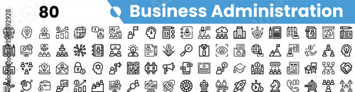 A collection of minimalist icons depicting various aspects of business administration in black and white, arranged neatly for easy reference.