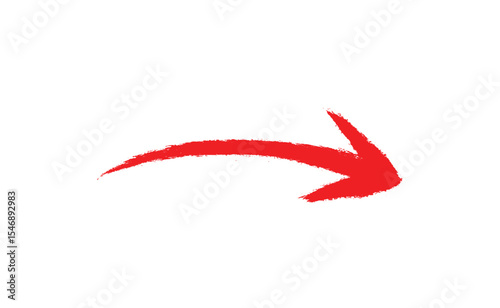 Red Curved Right Arrow Hand-Drawn Paint Brush Stroke on White Background, Directional Marker Arrow Icon.