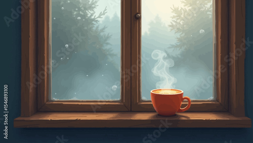  A steaming cup of coffee placed on a wooden windowsill, looking out onto a misty forest landscape with a peaceful and cozy winter morning vibe.