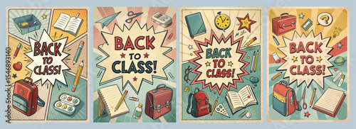 Vibrant Back-to-School Pop-Art Poster Collage Celebrating School Supplies Backpacks Books and Stationery in a Colorful Creative Design