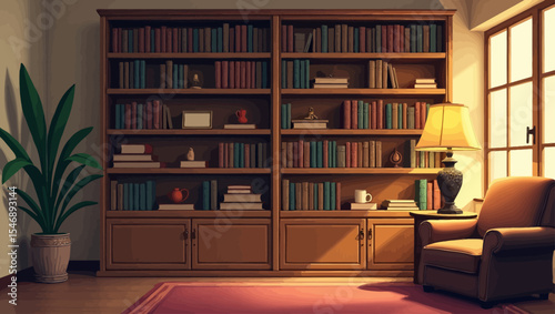 Wooden bookshelf filled with books and autumn decorations in a warmly lit cozy reading corner with a chair and lamp.