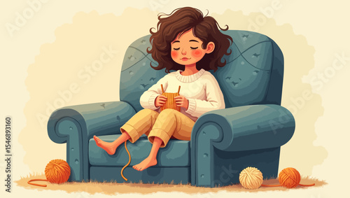 Cartoon girl sitting barefoot on a blue armchair, knitting with colorful yarn in a warm and peaceful autumn scene.