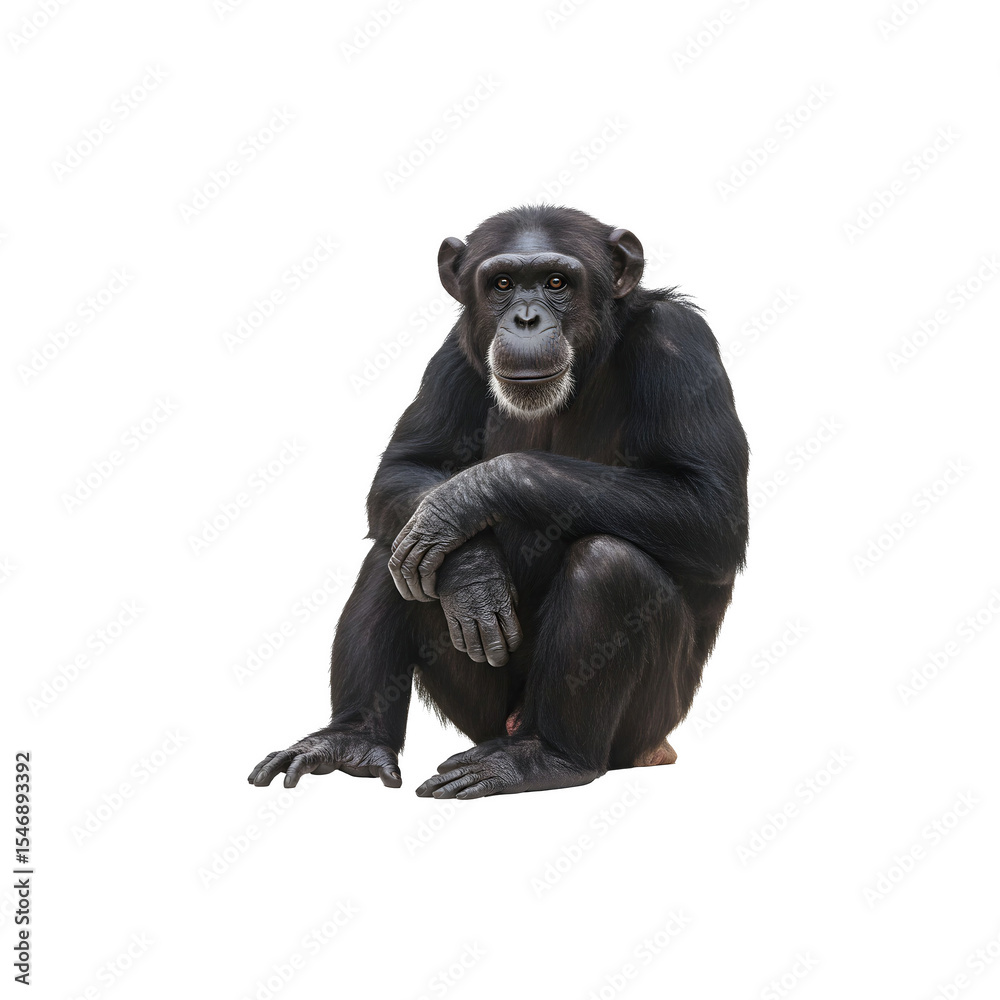 Fototapeta premium Curious chimpanzee sitting with intelligent gaze, symbolizing animal intelligence