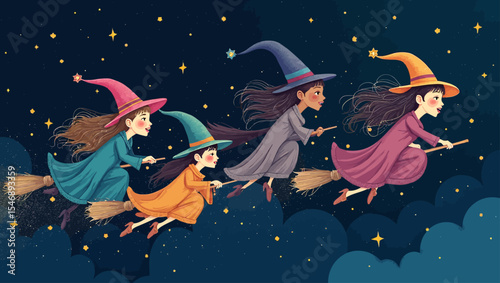  Four witches with colorful hats flying through a starry night sky on broomsticks in a magical Halloween scene.