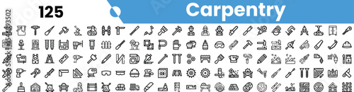 A diverse collection of carpentry icons showcasing tools and materials used in woodworking projects.