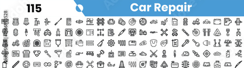 A comprehensive collection of car repair icons, showcasing tools and components involved in vehicle maintenance and repair.
