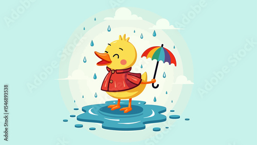 Cute yellow duck in red raincoat holding a colorful umbrella while standing in a puddle under rain, perfect for children’s seasonal themes.