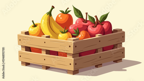: Wooden crate full of assorted fruits like bananas, apples, oranges and tangerines, ideal for healthy food and organic nutrition concepts.