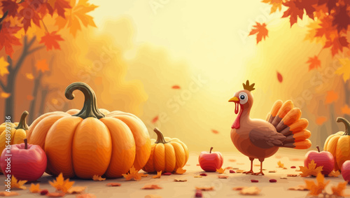  Adorable cartoon turkey in a sunset autumn forest with pumpkins and apples, perfect for Thanksgiving or seasonal scenes.