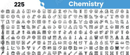 A diverse collection of black and white chemistry-themed icons, showcasing elements, lab equipment, and scientific symbols.