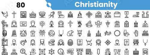 A diverse collection of icons representing various symbols and elements of Christianity, including crosses, churches, and religious figures.